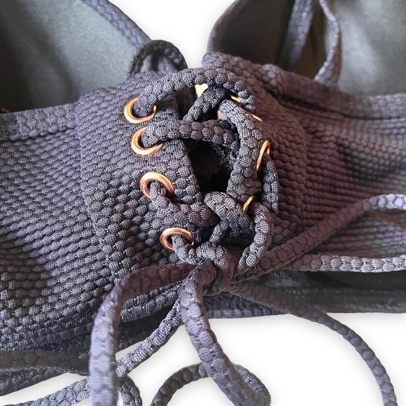 Rachel Roy NEW Textured Black Bikini Top Adjustable Straps Lace-Up Back Detail M - Picture 5 of 10